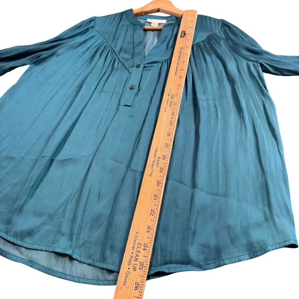 Boho Pleated Satin Blouse XS Teal Long Sleeve Yoke Top See U Soon - Picture 8 of 10